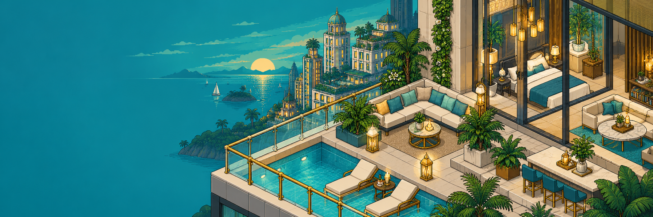 A colourful isometric hotel rooftop and community rooms